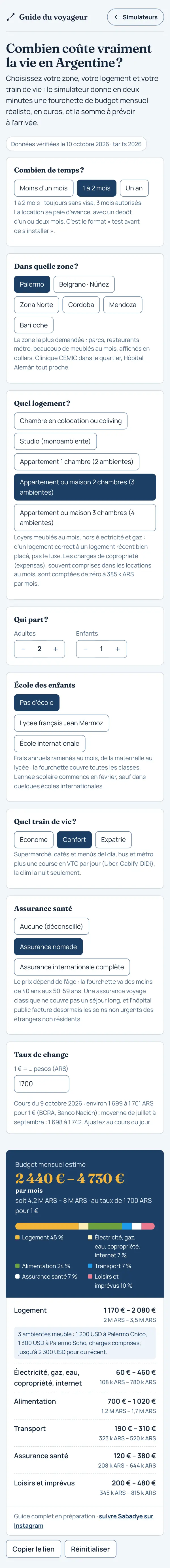 Simulateur «&nbsp;Combien coûte vraiment la vie en Argentine&nbsp;?&nbsp;»&nbsp;: réglages du séjour et budget mensuel estimé