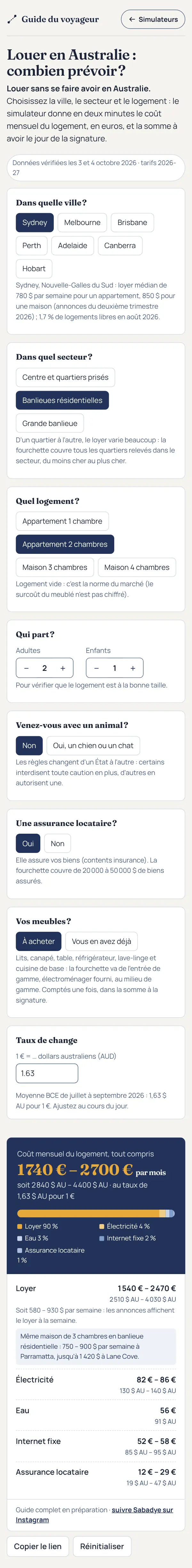 Simulateur «&nbsp;Louer en Australie&nbsp;: combien prévoir&nbsp;?&nbsp;»&nbsp;: réglages du séjour et budget mensuel estimé