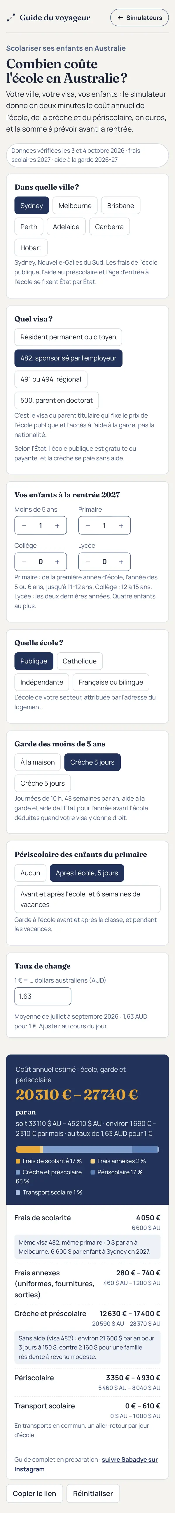 Simulateur «&nbsp;Combien coûte l’école en Australie&nbsp;?&nbsp;»&nbsp;: réglages du séjour et budget mensuel estimé