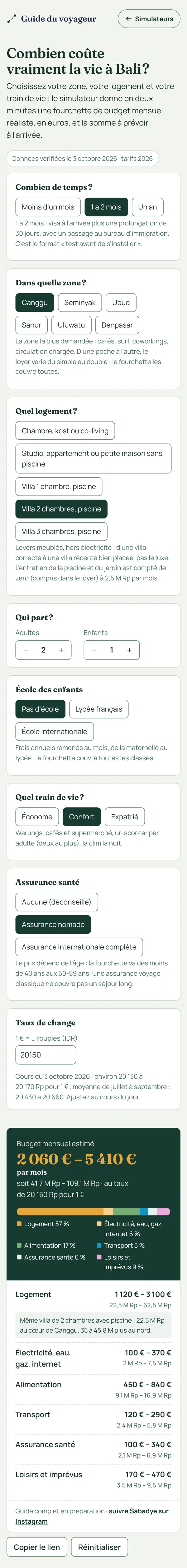Simulateur «&nbsp;Combien coûte vraiment la vie à Bali&nbsp;?&nbsp;»&nbsp;: réglages du séjour et budget mensuel estimé