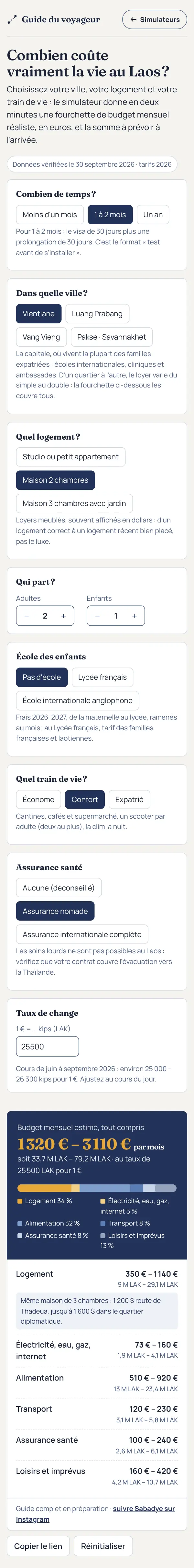 Simulateur «&nbsp;Combien coûte vraiment la vie au Laos&nbsp;?&nbsp;»&nbsp;: réglages du séjour et budget mensuel estimé