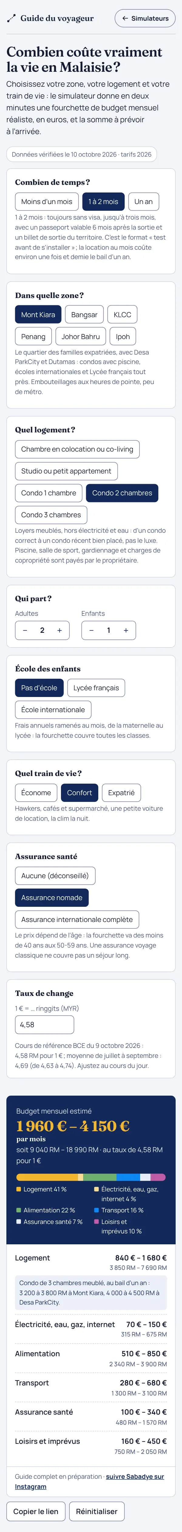 Simulateur «&nbsp;Combien coûte vraiment la vie en Malaisie&nbsp;?&nbsp;»&nbsp;: réglages du séjour et budget mensuel estimé