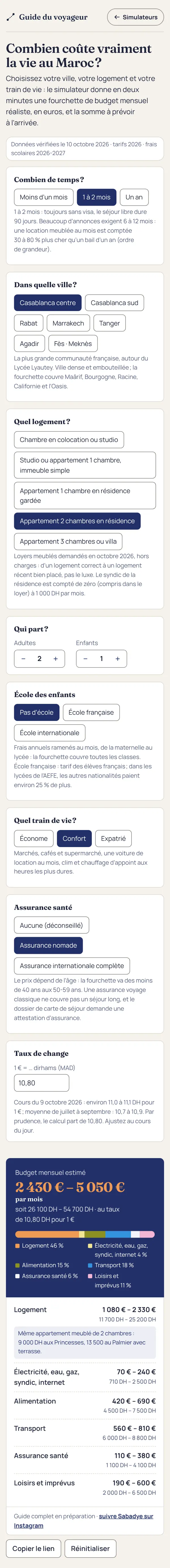Simulateur «&nbsp;Combien coûte vraiment la vie au Maroc&nbsp;?&nbsp;»&nbsp;: réglages du séjour et budget mensuel estimé