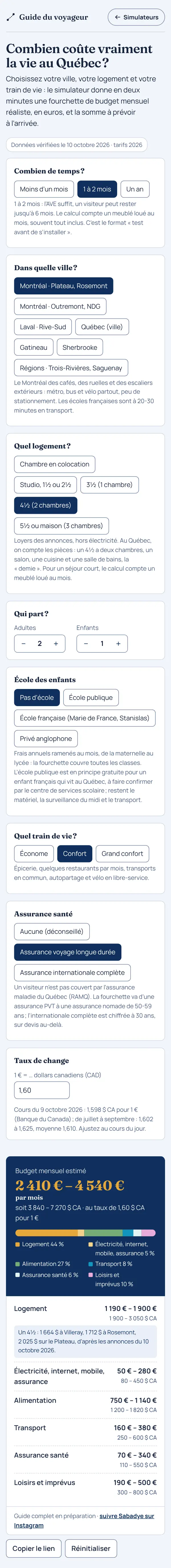 Simulateur «&nbsp;Combien coûte vraiment la vie au Québec&nbsp;?&nbsp;»&nbsp;: réglages du séjour et budget mensuel estimé