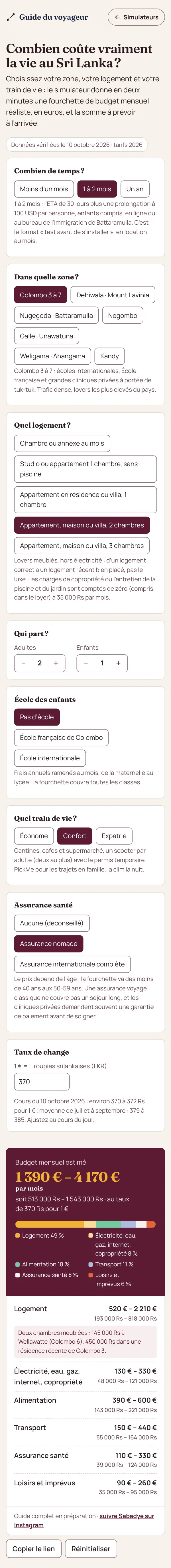 Simulateur «&nbsp;Combien coûte vraiment la vie au Sri Lanka&nbsp;?&nbsp;»&nbsp;: réglages du séjour et budget mensuel estimé